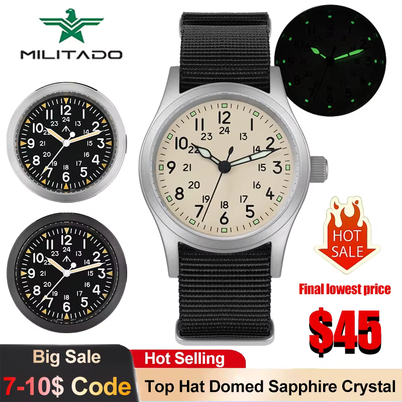 Militado ML05 montre militaire VH31 balayage mouvement à Quartz haut-de-forme dôme saphir cristal