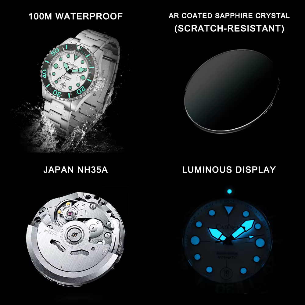 CADISEN AQUA DIVER 2024 nouvelle marque de luxe hommes montres montre automatique japon NH35A 100M étanche lumineux mécanique montre-bracelet