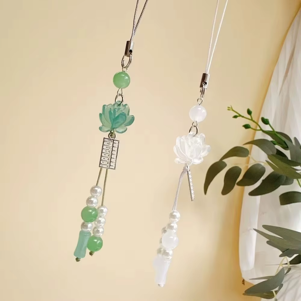 Accessoire de bijouterie, pendentif lotus perlé de style chinois, fait main, vintage, chaîne pour appareil photo, décoration à suspendre pour sac à dos