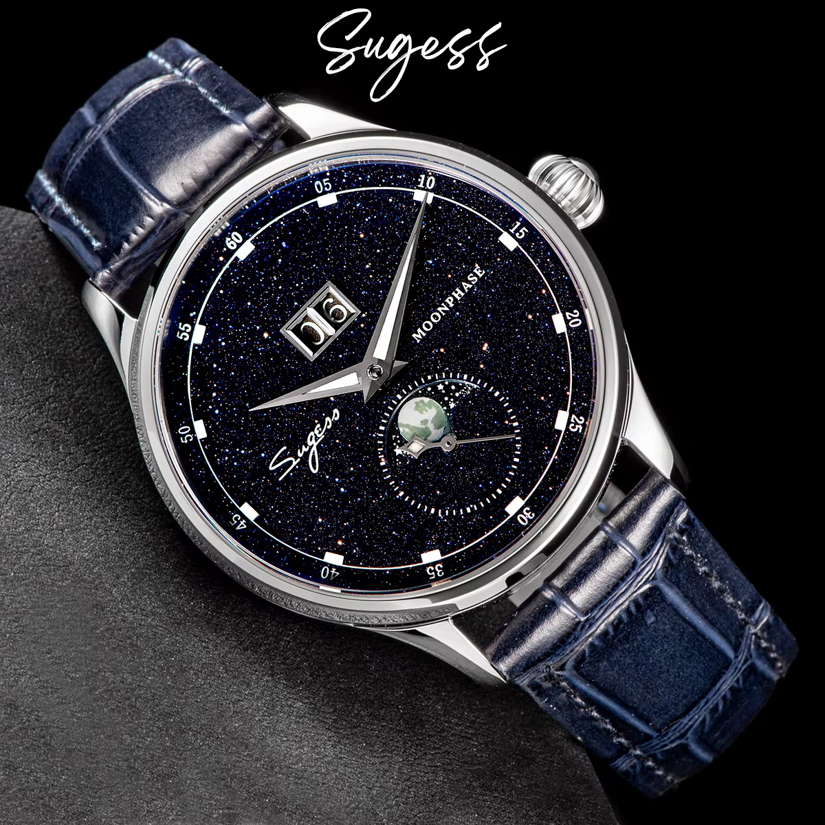 Sugess montre pour hommes édition limitée phase de lune boîtier en acier inoxydable 316L Tianjin ST2528 mouvement de luxe pierres précieuses étoiles cadran cadeau V3