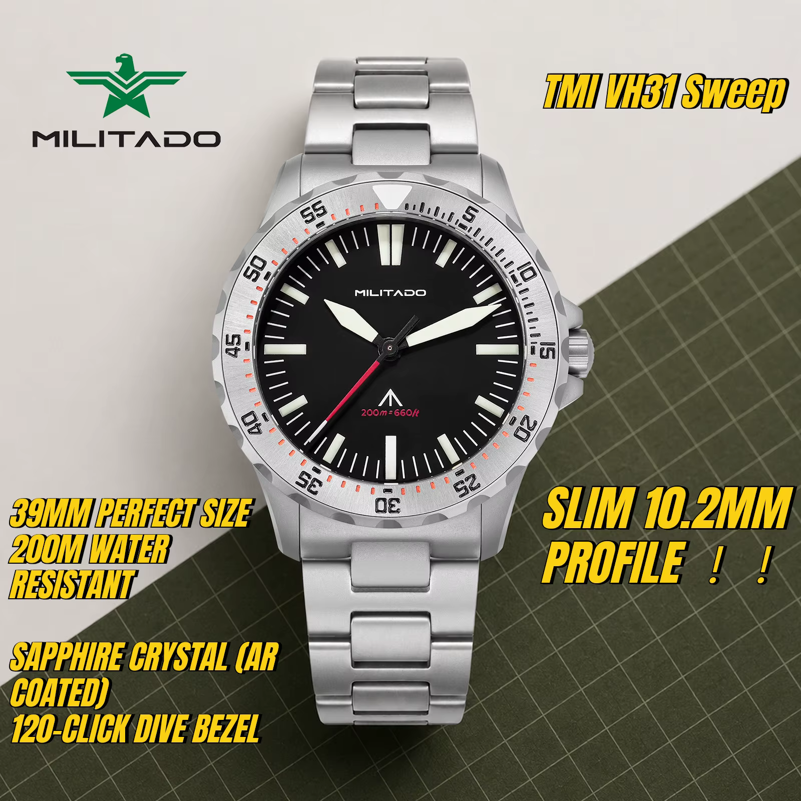 Montre de plongée à quartz Militado ML16 39 mm, verre saphir, résistance à l'eau 200 m, lunette en céramique, luminescence BGW9, couronne à visser