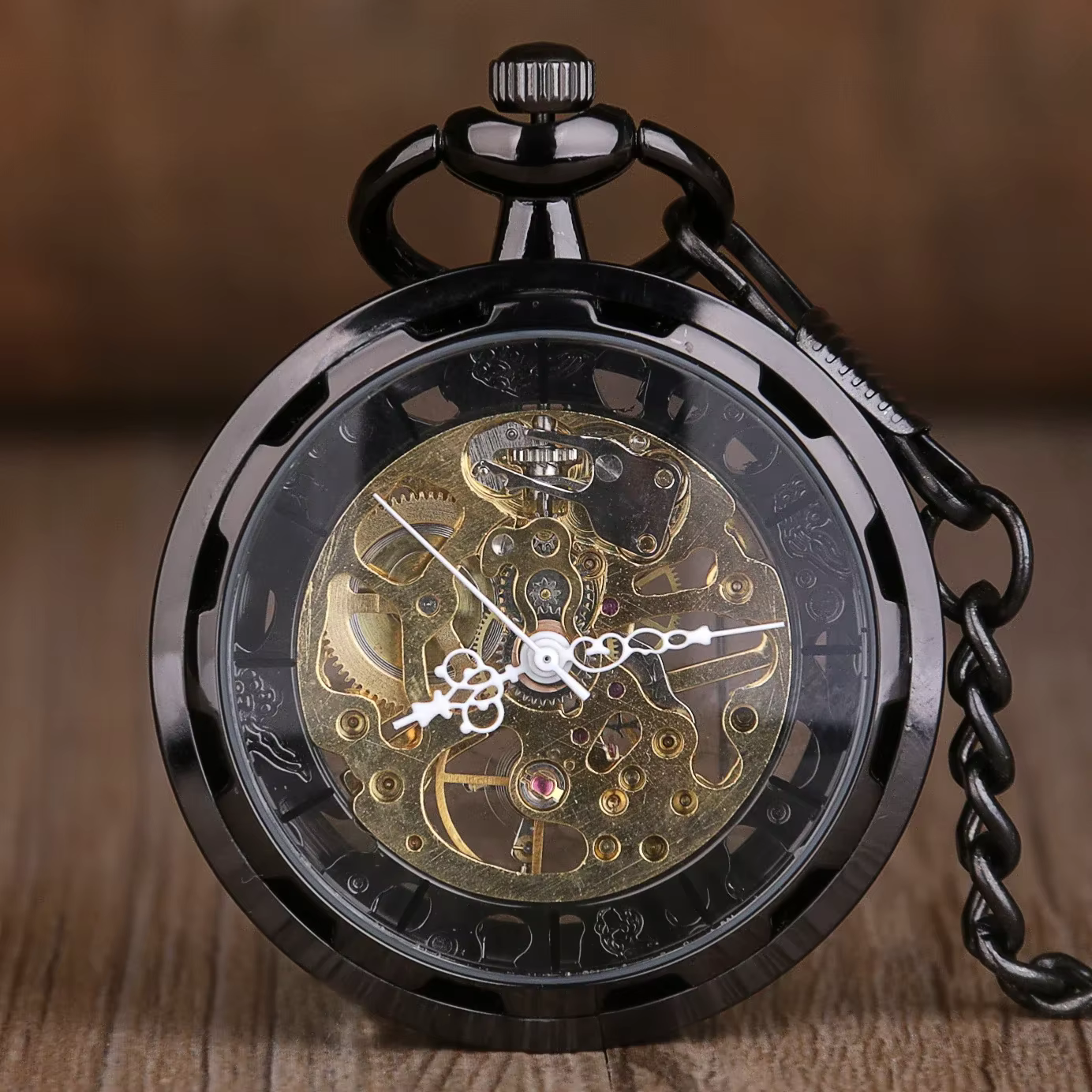 Montre de poche mécanique squelettée noire/argentée