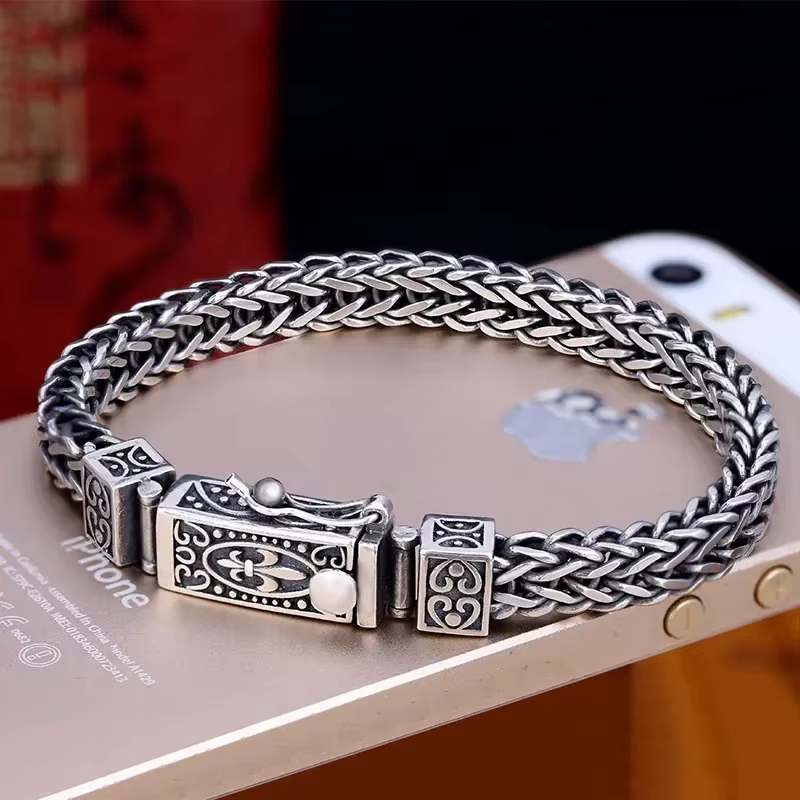 Bracelet à boucle torsadée torsadée tissé à la main pour hommes, chaîne en argent de Style ethnique rétro, bijoux à la mode exquis et élégant