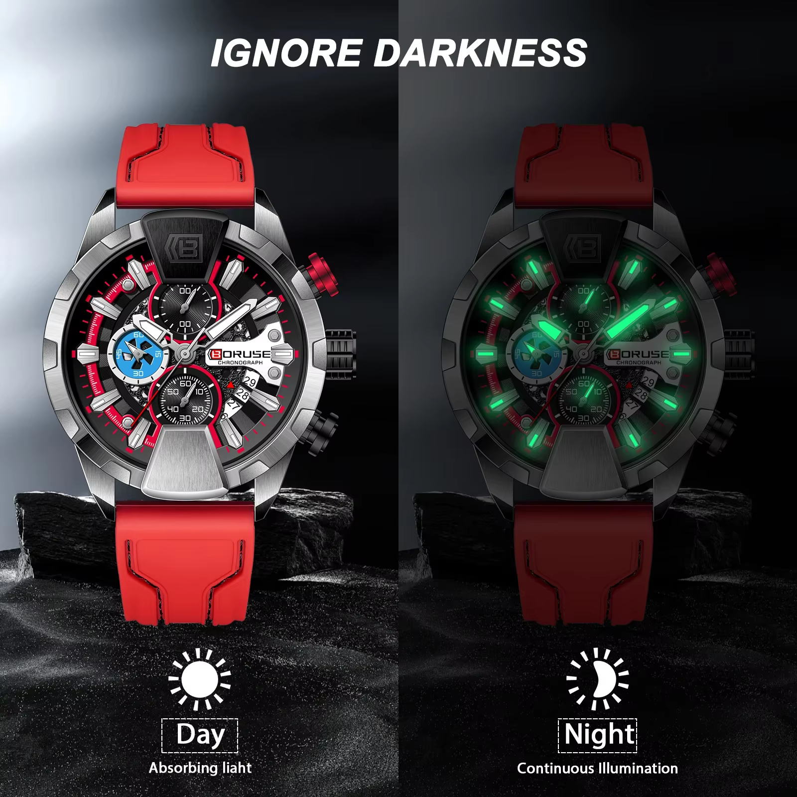 BORUSE montres pour hommes rouge étanche chronographe montre
