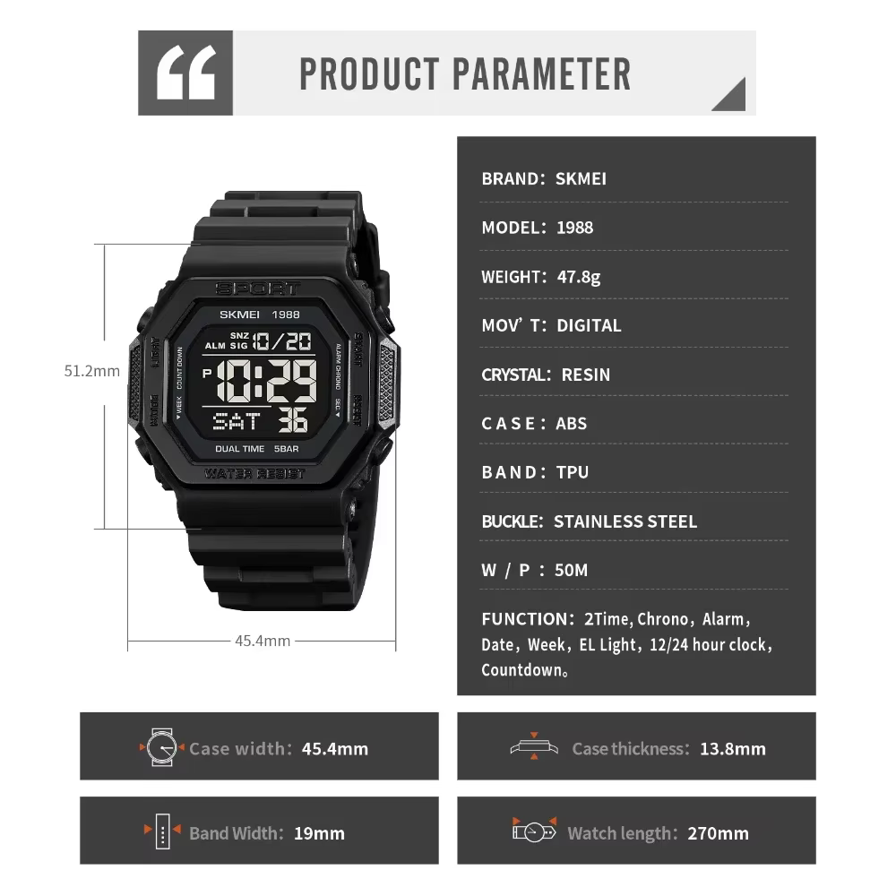 SKMEI 1988 militaire compte à rebours Chrono montre-bracelet pour hommes LED affichage numérique Sport montre