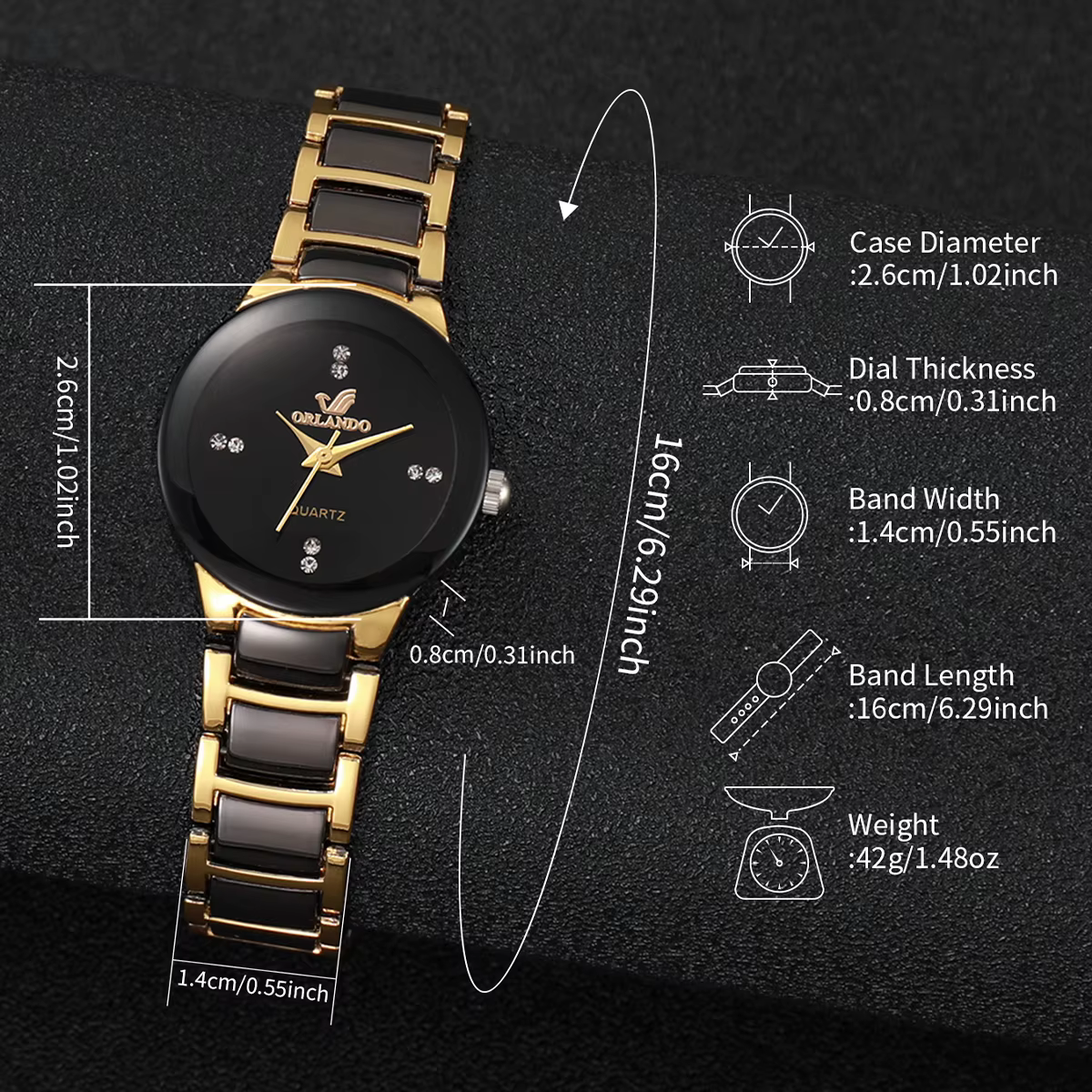 Montre à quartz avec bracelet en acier noir pour femme