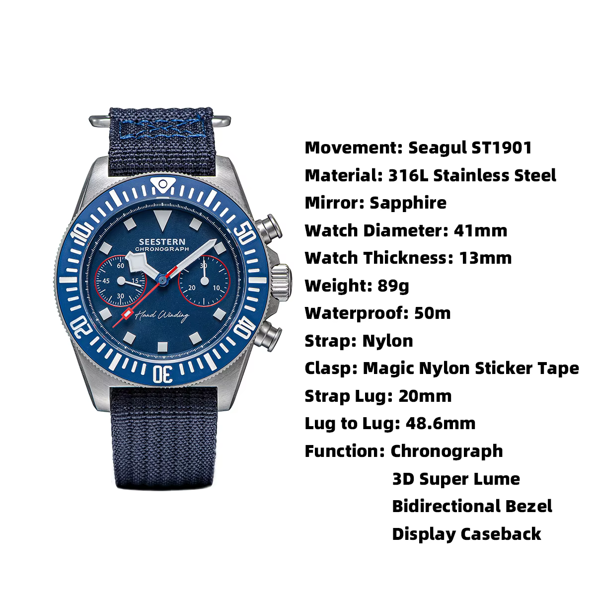Montre chronographe mécanique Tianjin ST1901 pour homme