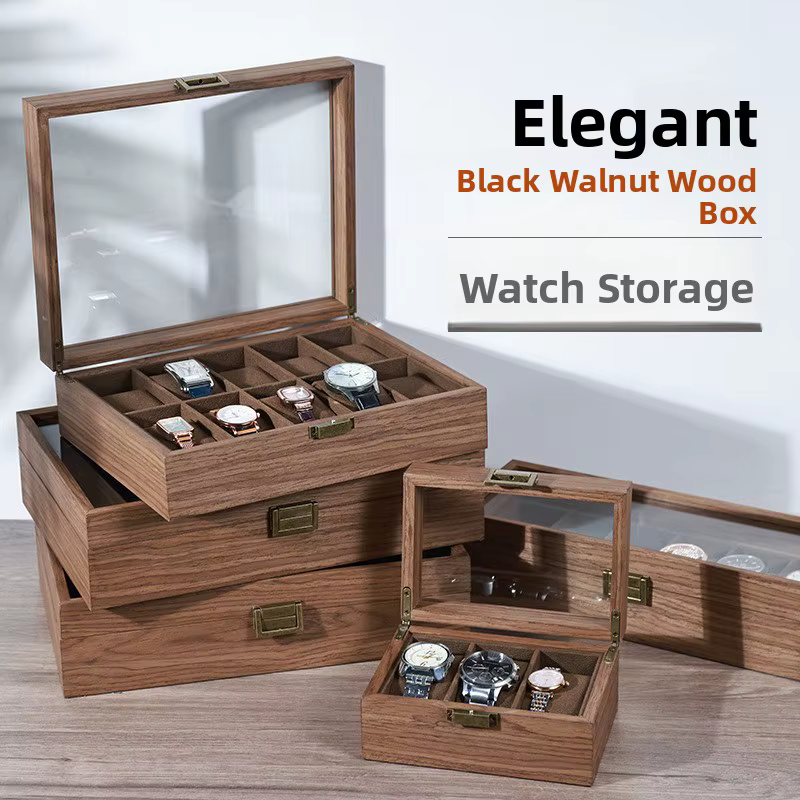 Boîte de rangement et de présentation pour montres et bijoux en bois de noyer noir massif