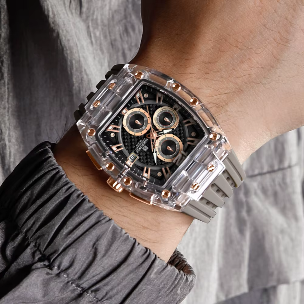 NAVIFORCE 2025 nouveau Design Transparent Tonneau montre hommes Quartz homme montres étanche luxe Sport porte