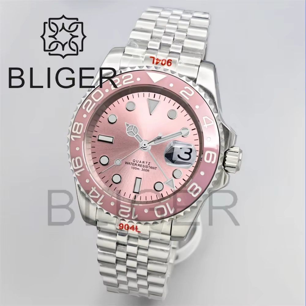 BLIGER 40mm GMT montres pour hommes 100M étanche Logo personnalisé céramique verre saphir acier inoxydable affaires