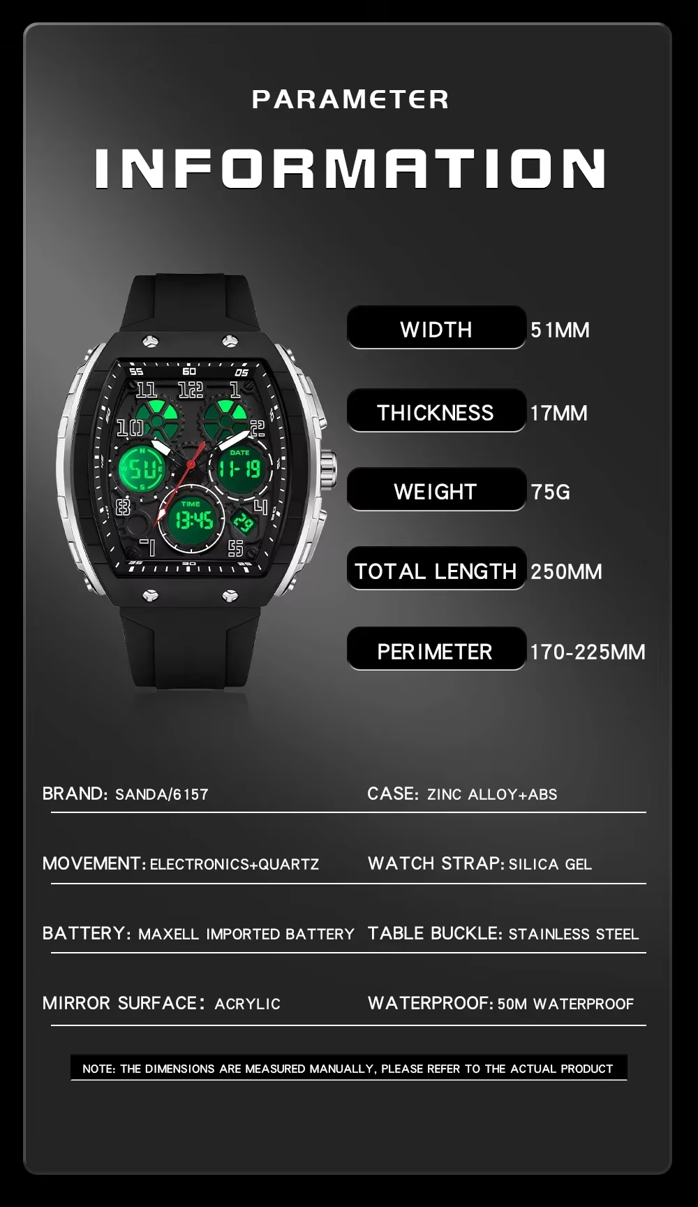 SANDA 6157 Nouvelle montre électronique pour homme tendance