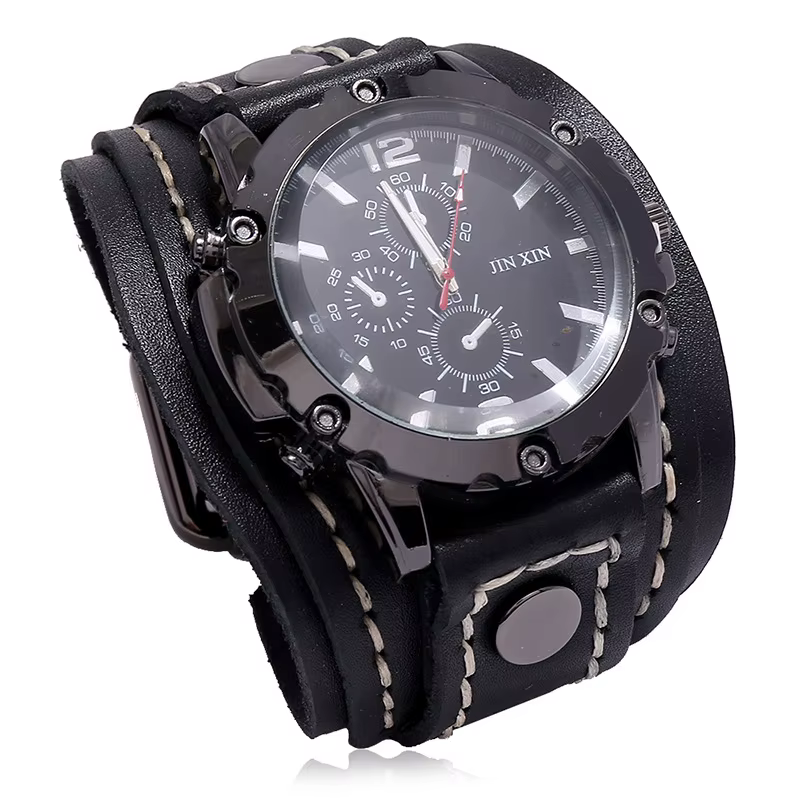 Montre punk vintage en cuir de vachette pour hommes et femmes
