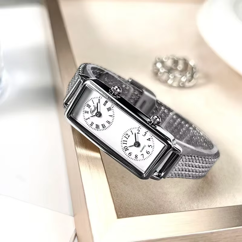 Femmes montre à Quartz de luxe double temps 2 mouvement horloge en acier inoxydable Reloj Mujer Rectangle Orologio filles or argent montre-bracelet