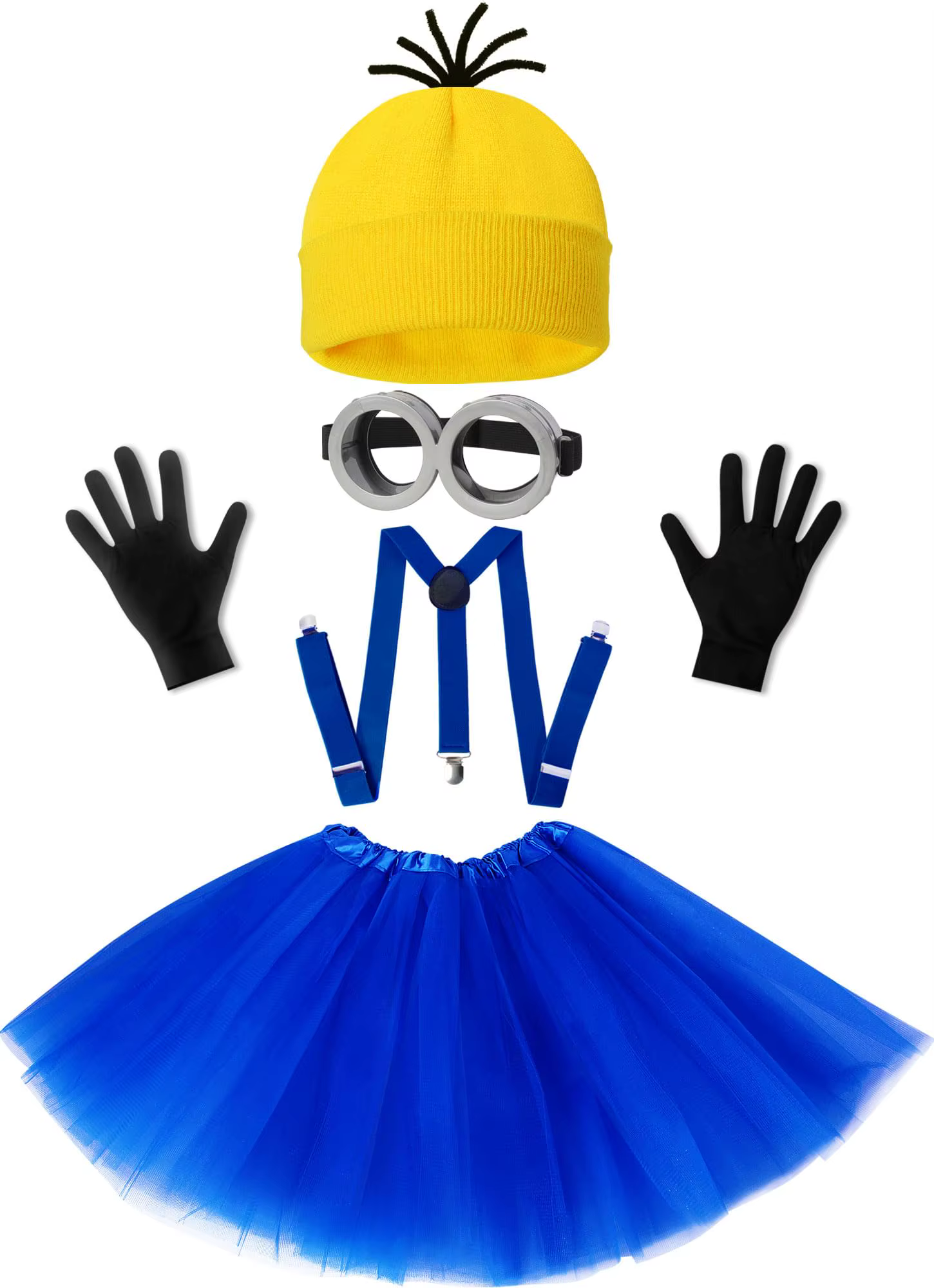 Costume d'Halloween pour femmes adultes, lunettes/bonnet jaune/robe bleue/pingentes/gants, accessoires de Costume d'Halloween