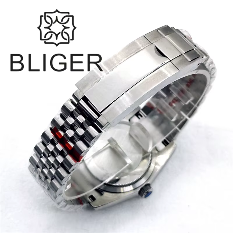 BLIGER 36mm/39mm Sunburst cadran marron montre NH35 lunette cannelée saphir cristal Rose bord bâtons Index jubilé Bracelet étanche