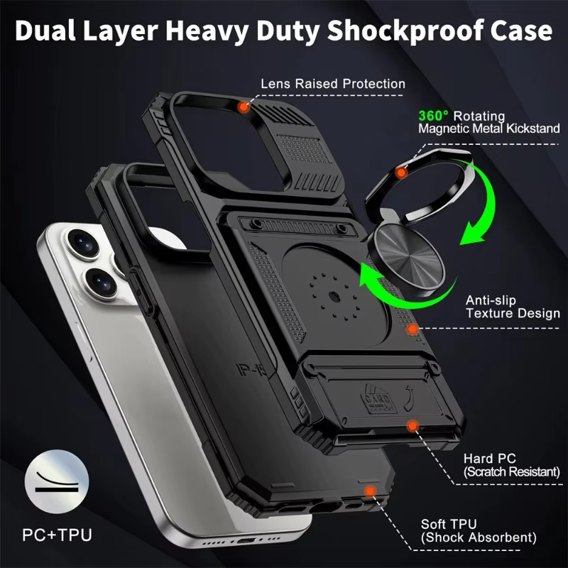 Coque pour iPhone 16 15 14 13 12 11 Pro Max XS XR 8 7 Plus, anneau rotatif magnétique, béquille, Protection contre les chutes, housse portefeuille robuste