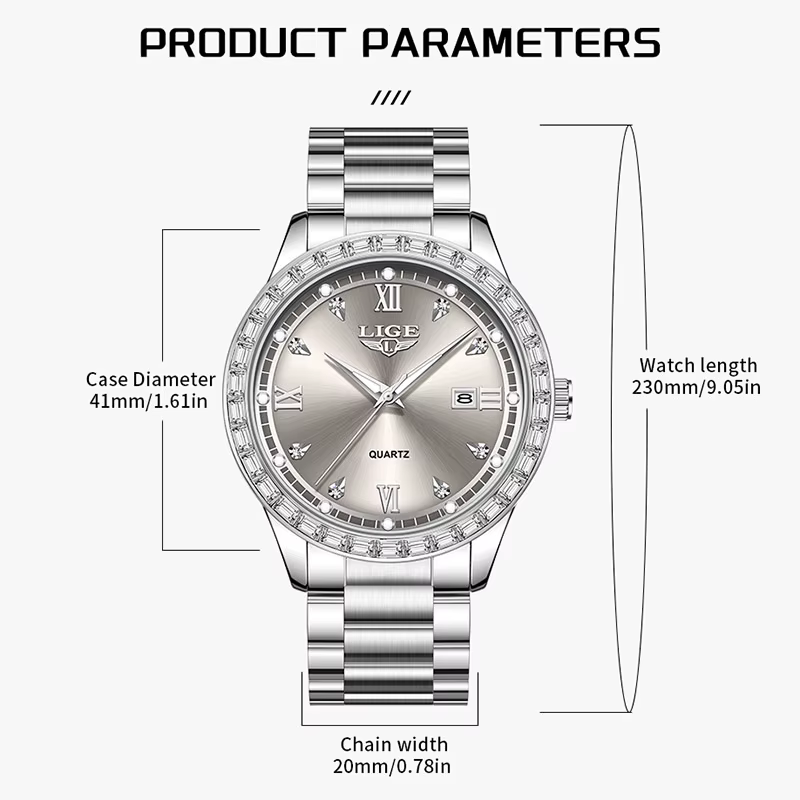 LIGE montre pour femme élégante mode horloge étanche lumineuse en acier inoxydable