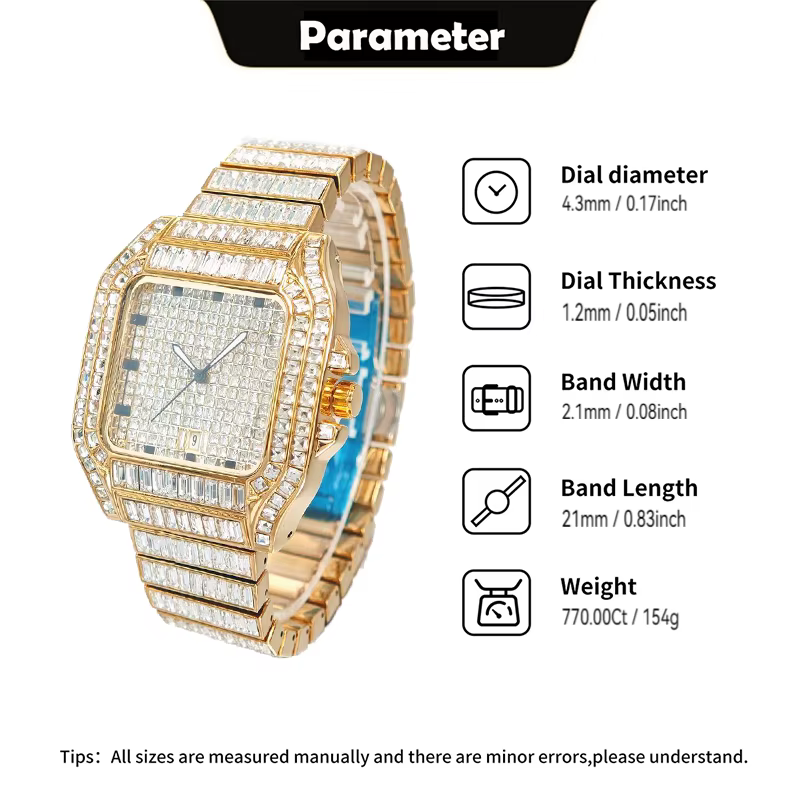 Montre en or de luxe pour hommes marque de mode UNIGUET Hip Hop pleine Baguette diamant bijoux Quartz montre-bracelet Mans Relogio Masculino