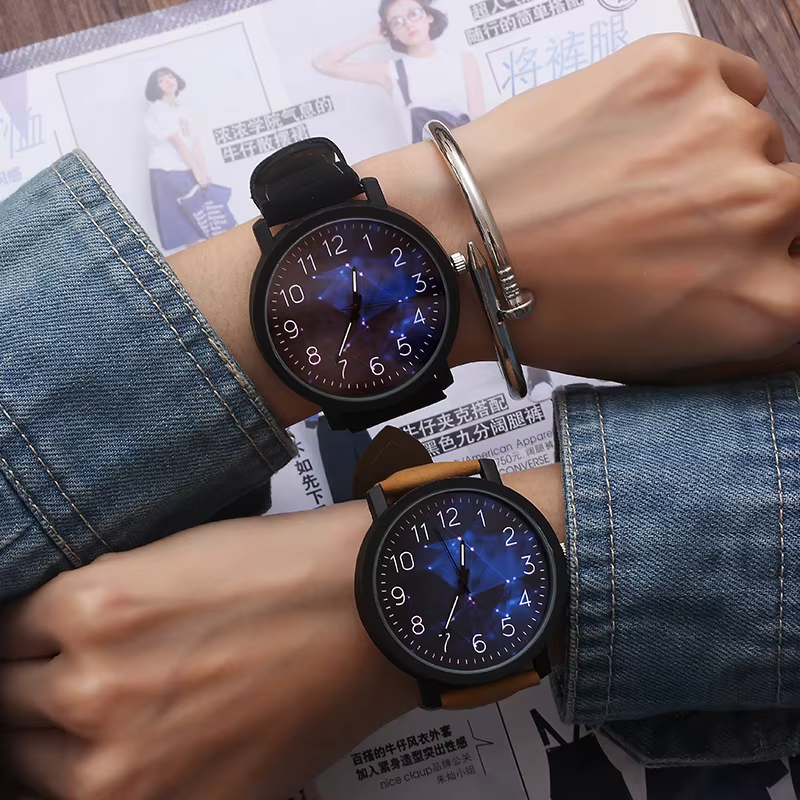 Mannen – montre-bracelet en cuir imitation bois unisexe pour homme