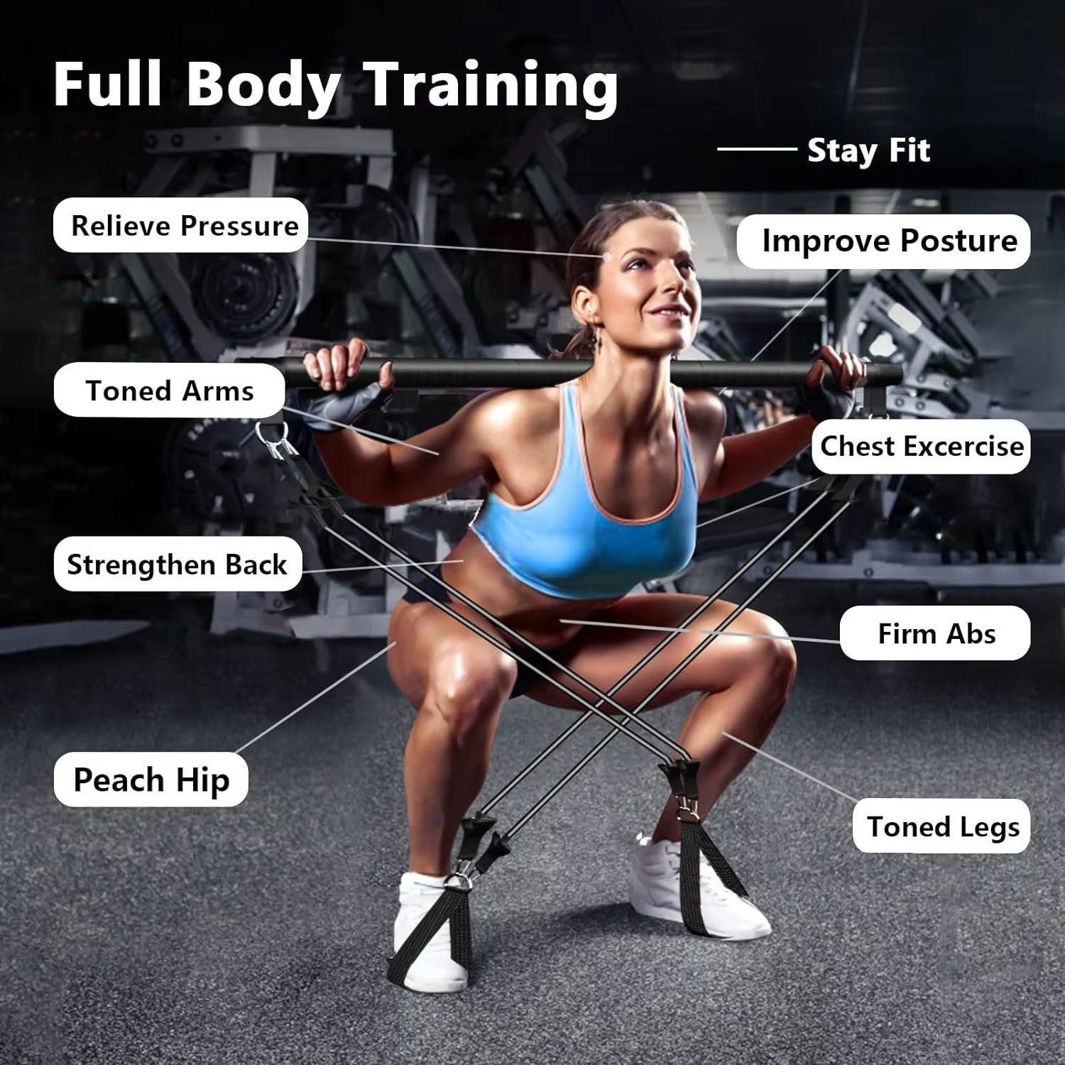 Kit de barre de Pilates avec bandes de résistance réglables, équipement d'entraînement à domicile, barre de musculation pour le corps entier, pour le yoga, la remise en forme et le renforcement du tro