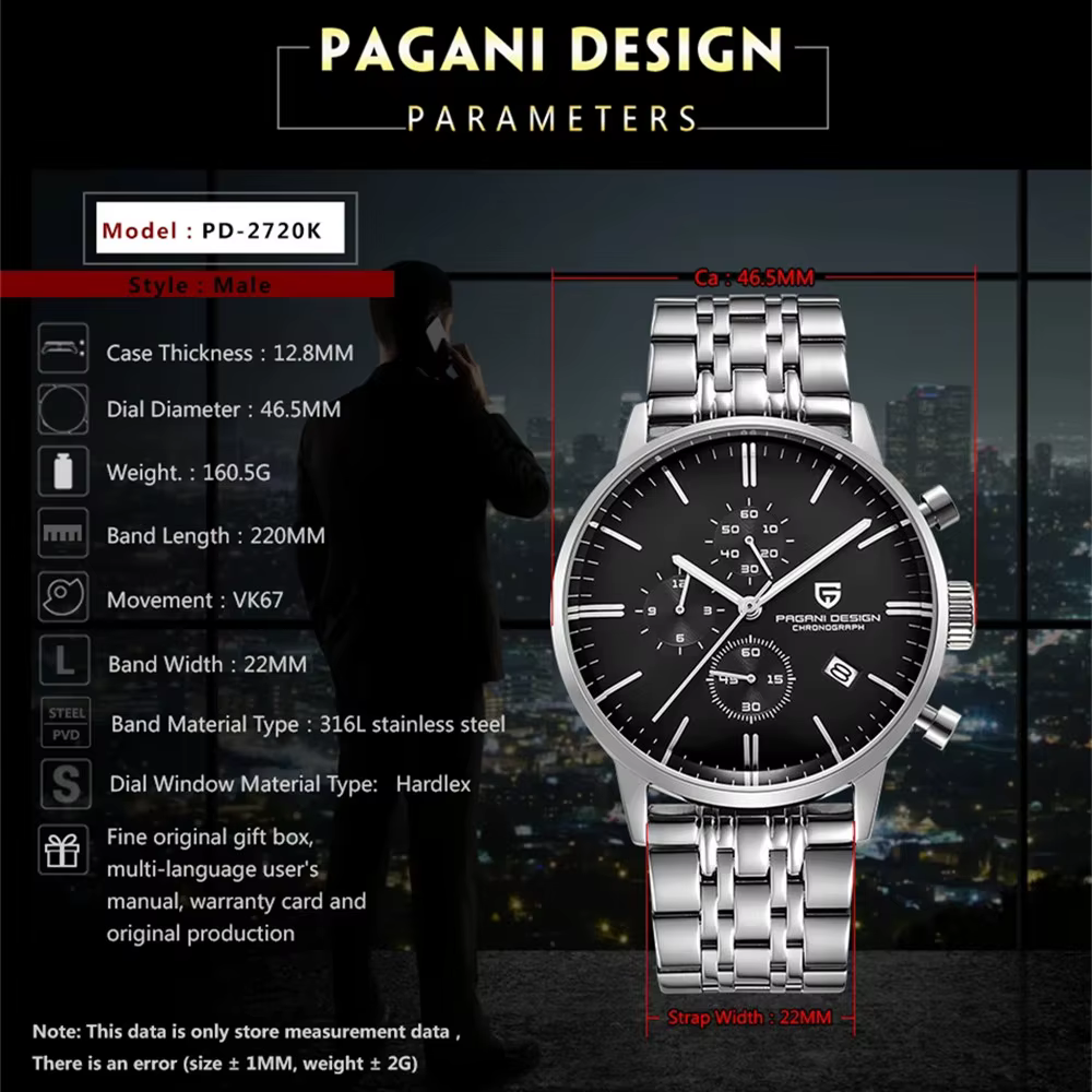 Pagani Design montre chronographe homme japon VK67 Movt étanche multifonctionnel affaires sport