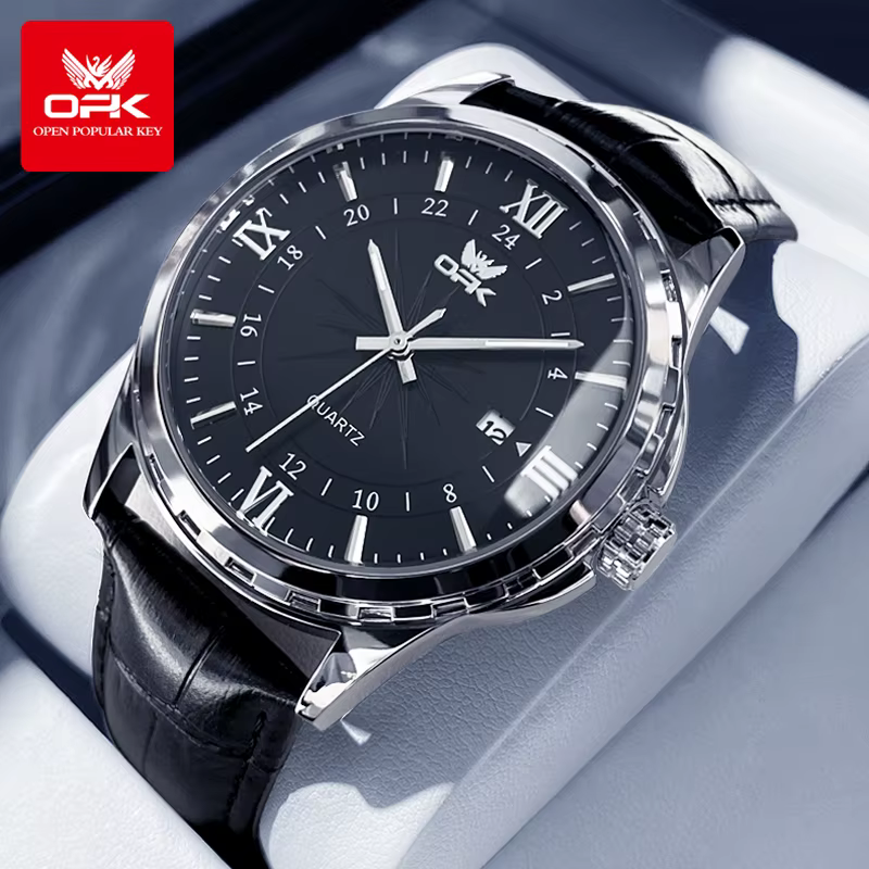 Montre à quartz pour hommes avec ceinture en acier de marque OPK à double calendrier 6003