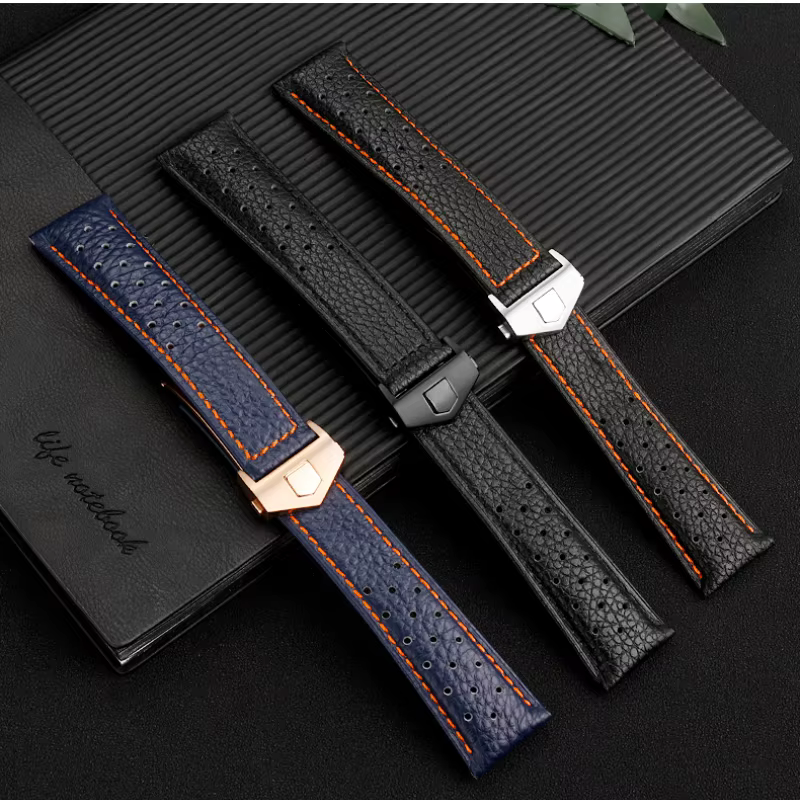 Bracelet de montre en cuir véritable respirant pour homme