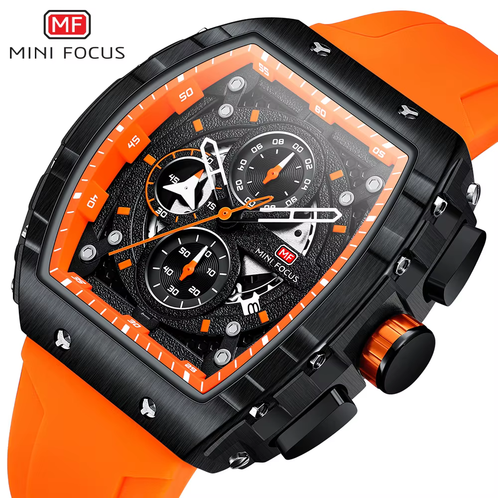 MINI FOCUS chronographe montre à Quartz pour hommes cadran Tonneau montre-bracelet de Sport militaire mâle avec bracelet en Silicone Orange Date automatique