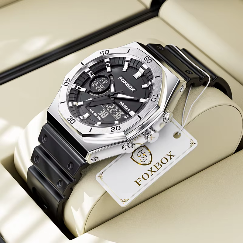 FOXBOX nouvelles montres à double affichage pour hommes sport décontracté chronographe Quartz grand cadran montre-bracelet Silicone étanche horloge numérique