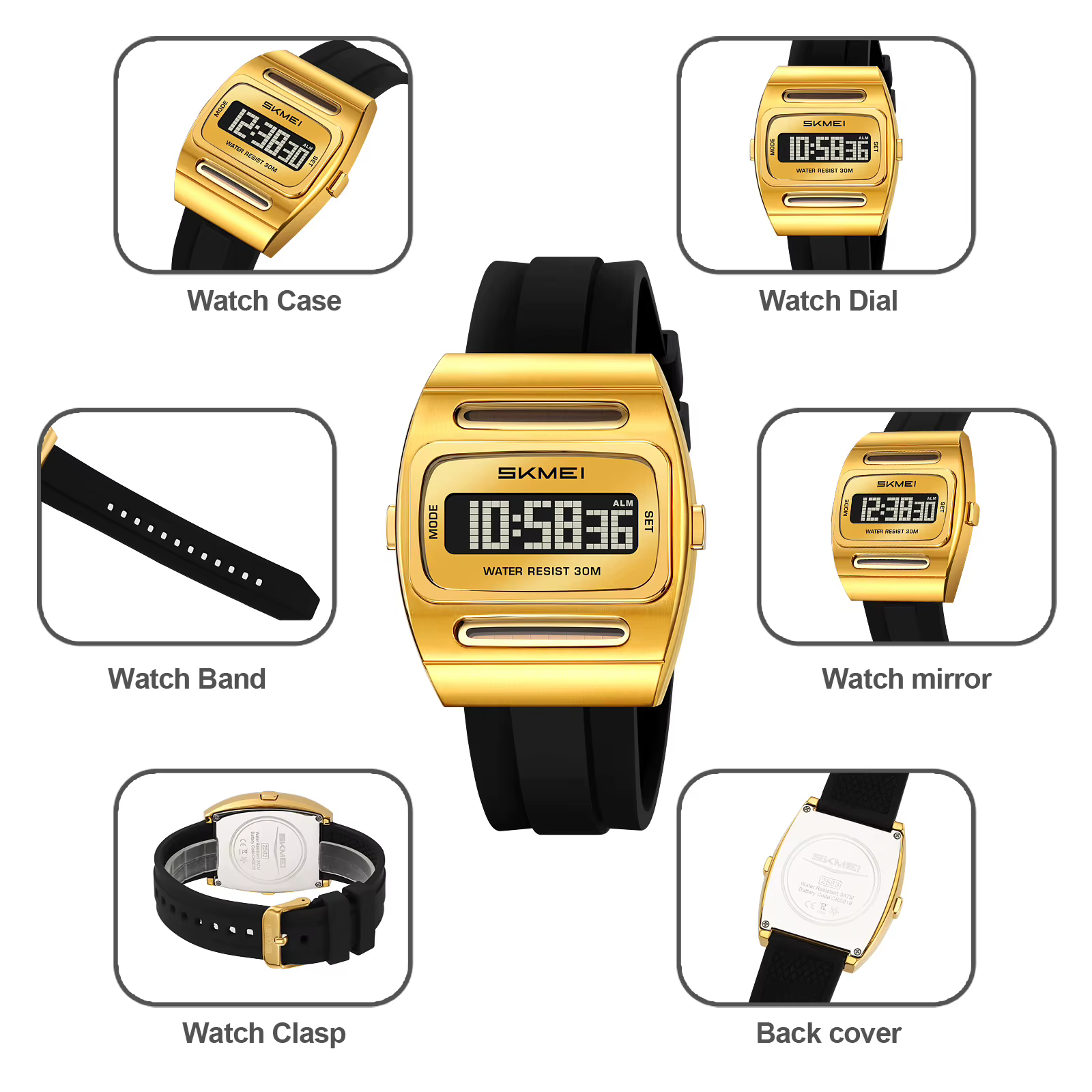 Montre numérique à énergie solaire pour homme SKMEI – Boîtier carré doré rétro