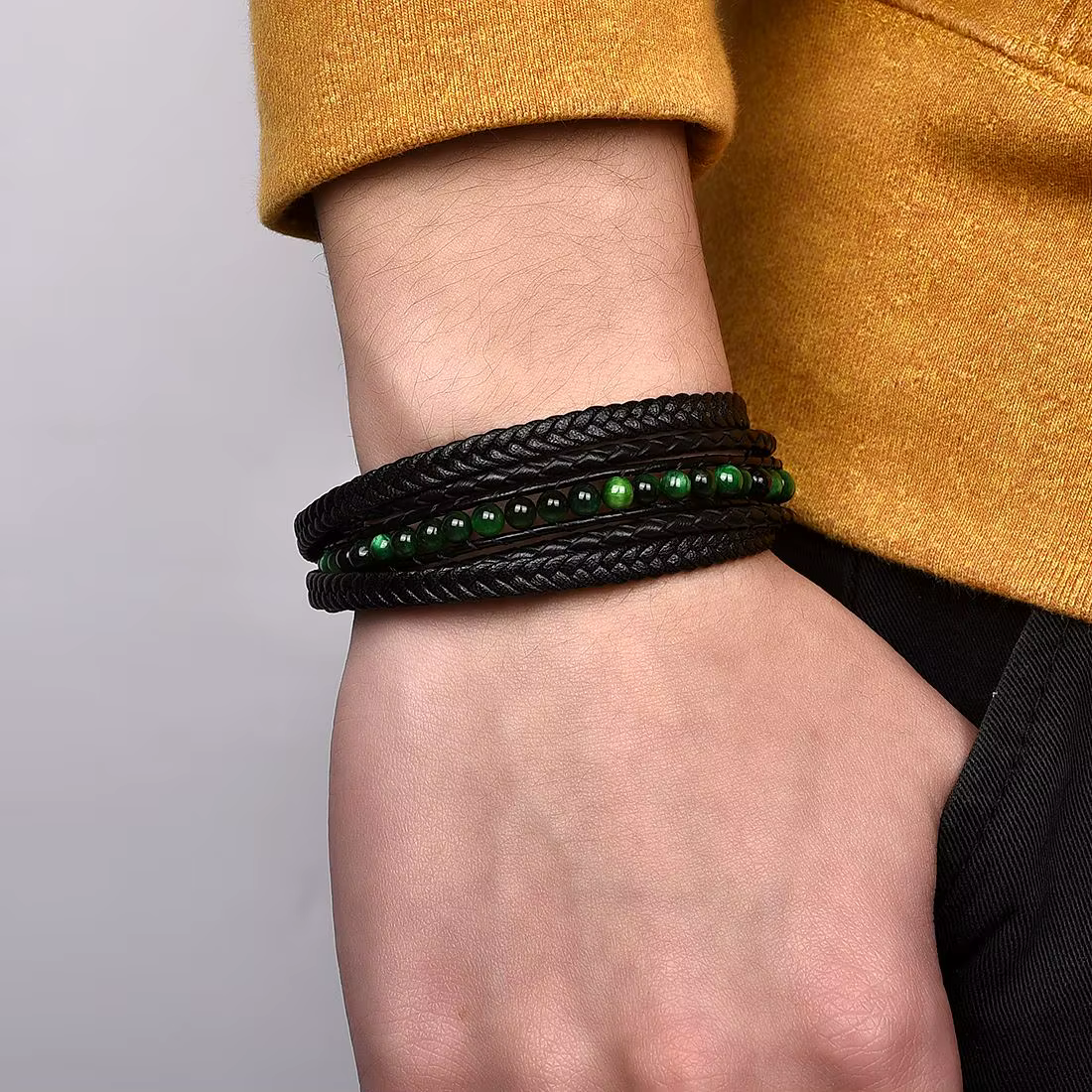 Bracelets classiques en pierre naturelle et cuir microfibre pour hommes