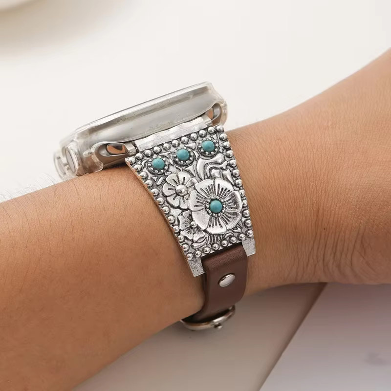 Bracelet en cuir et métal turquoise de qualité supérieure pour Apple Watch