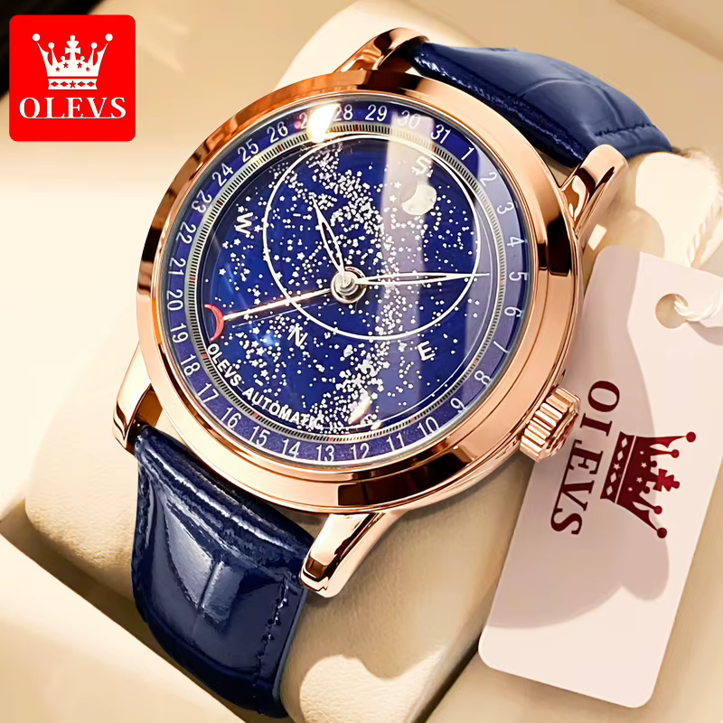 OLEVS 9923 montres pour hommes Phase de lune montre mécanique automatique pour homme en cuir bleu robe de luxe étanche montre-bracelet lumineuse