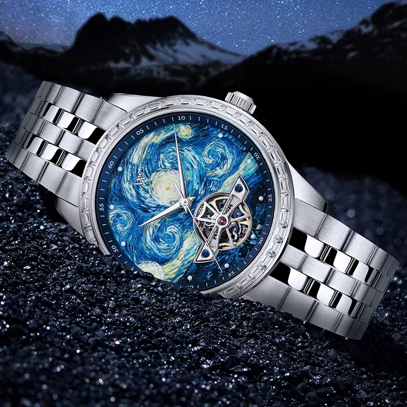 WM Watch Montre mécanique squelette étanche avec cristal saphir et boîtier en acier inoxydable