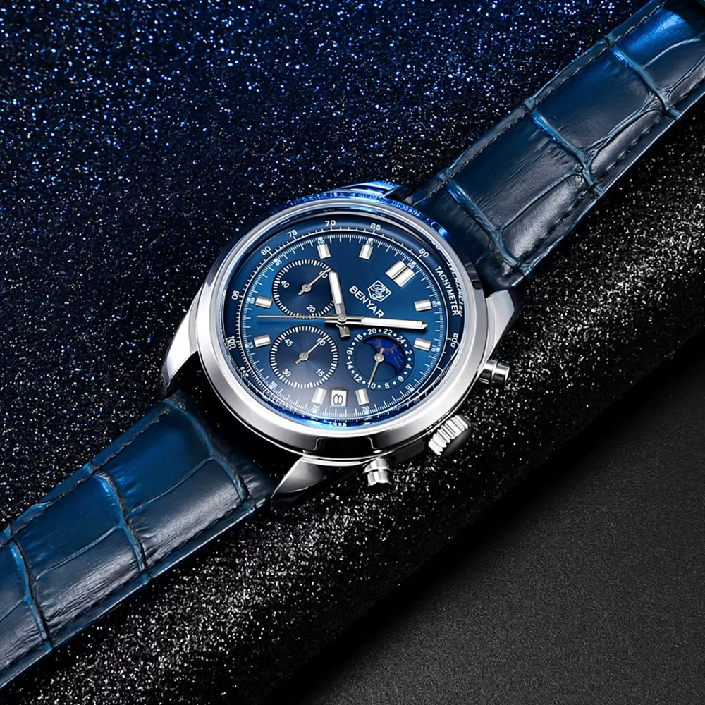 Montre à Quartz pour homme, chronographe de 42mm de diamètre et de 13mm d'épaisseur avec cadran fonctionnel, bracelet en cuir, étanche 50M