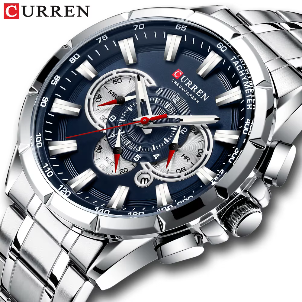 CURREN nouveau chronographe de Sport décontracté montres pour hommes bracelet en acier inoxydable montre-bracelet grand cadran horloge à Quartz avec pointeurs lumineux
