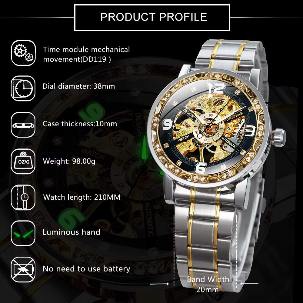 Forsining montres mécaniques de luxe aiguilles lumineuses montre squelette rétro en or pour hommes bracelet en acier