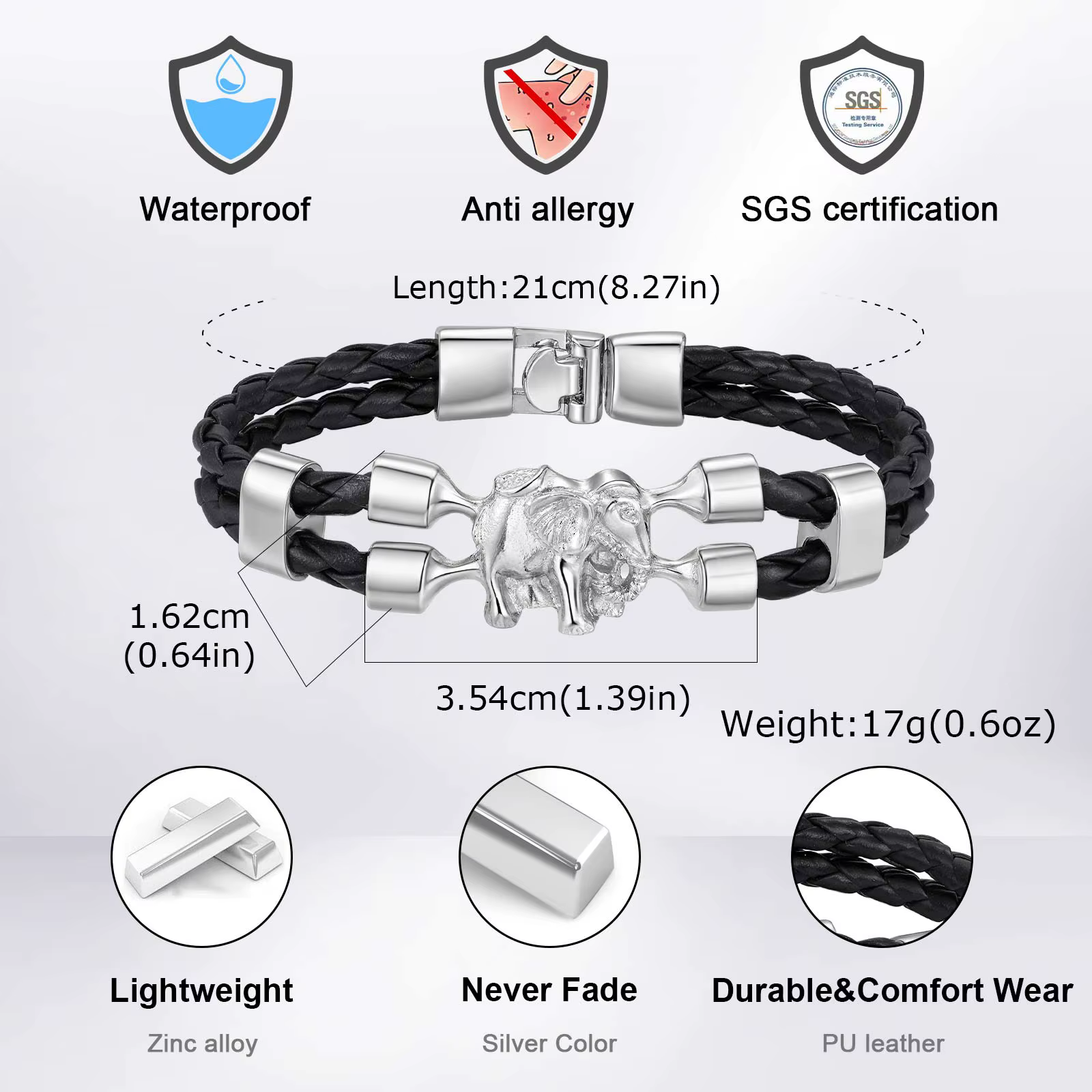 Bracelet en cuir noir d'éléphant Vintage pour hommes