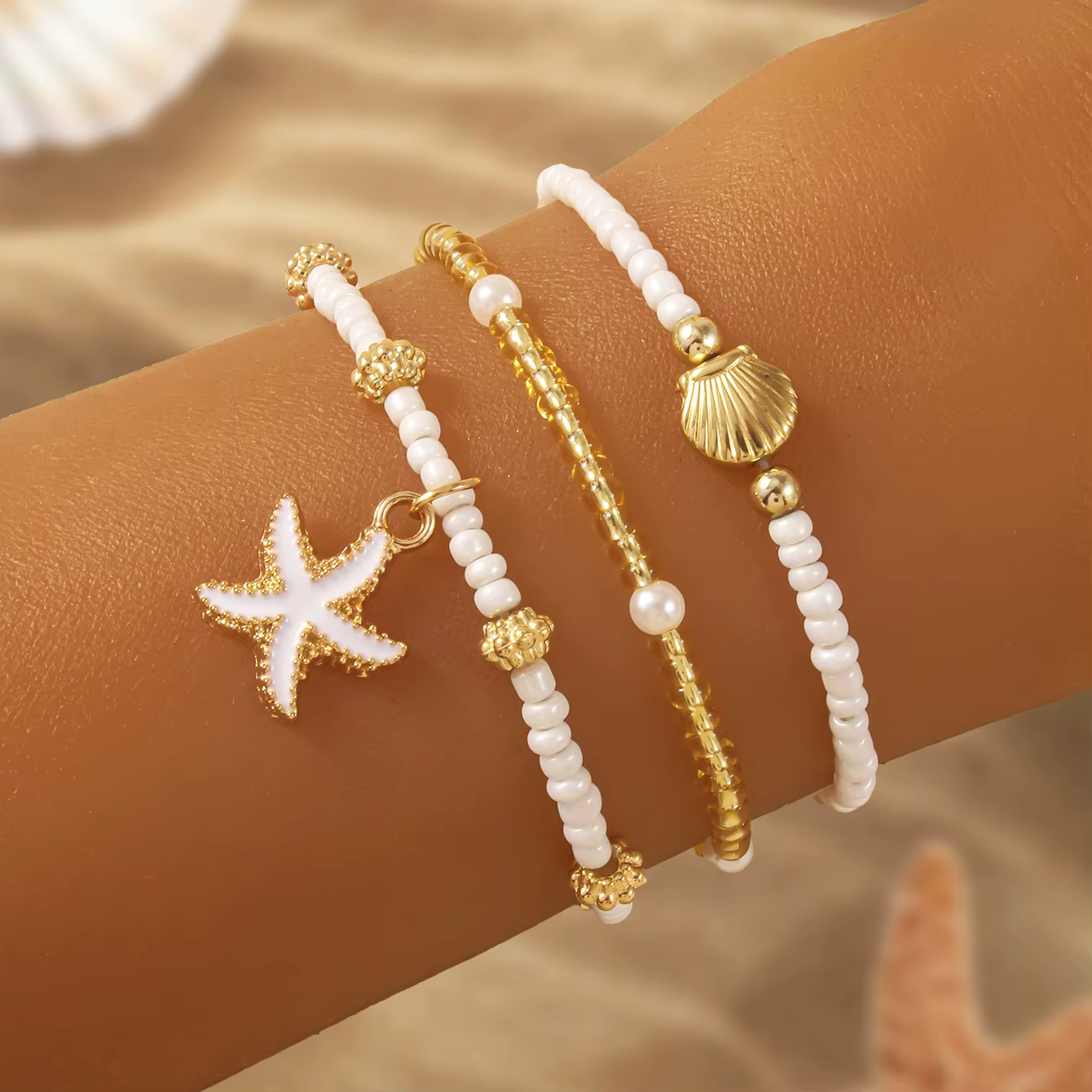 Bracelet en coquillage d'étoile de mer exquis, perles de rocaille faites à la main, plusieurs couches, bijoux pour femmes, fête sur la plage, vacances, été