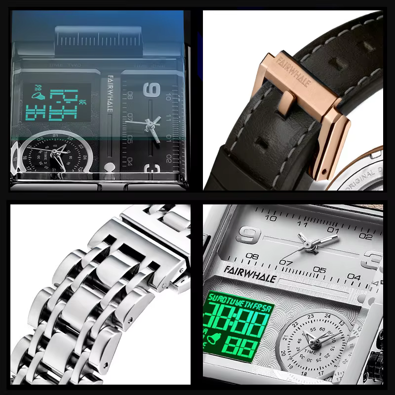 Mark Fairwhale montre électronique multifonctionnelle homme mode militaire bracelet en cuir carré Double affichage montre-bracelet à Quartz hommes
