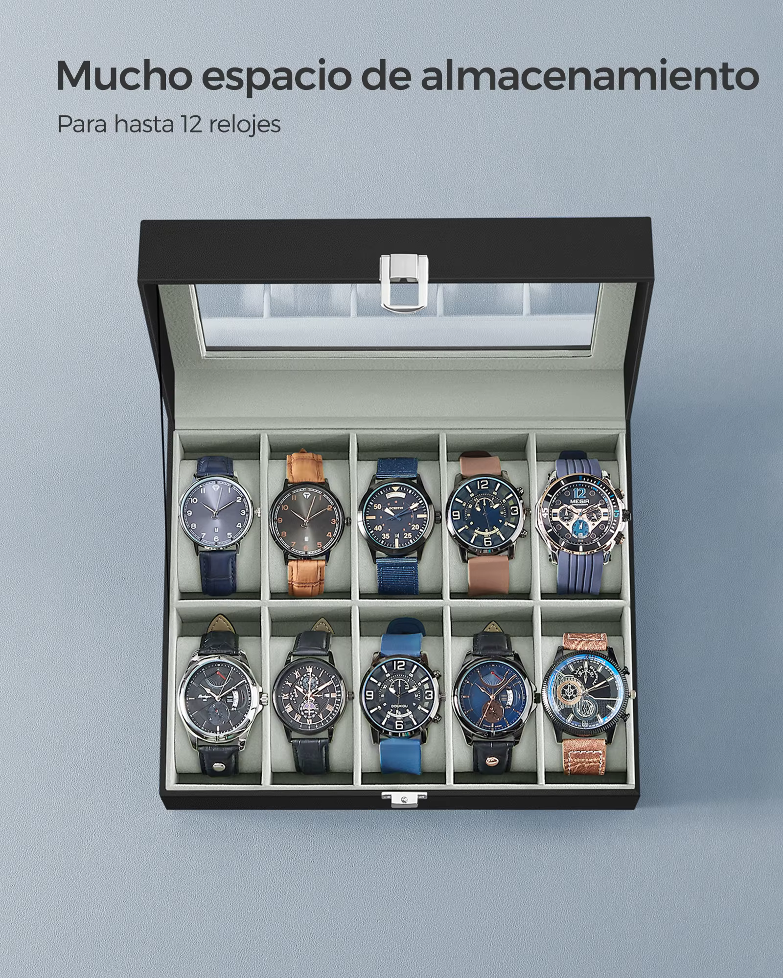 Boîte de présentation de montres à 10 compartiments avec couvercle en verre transparent