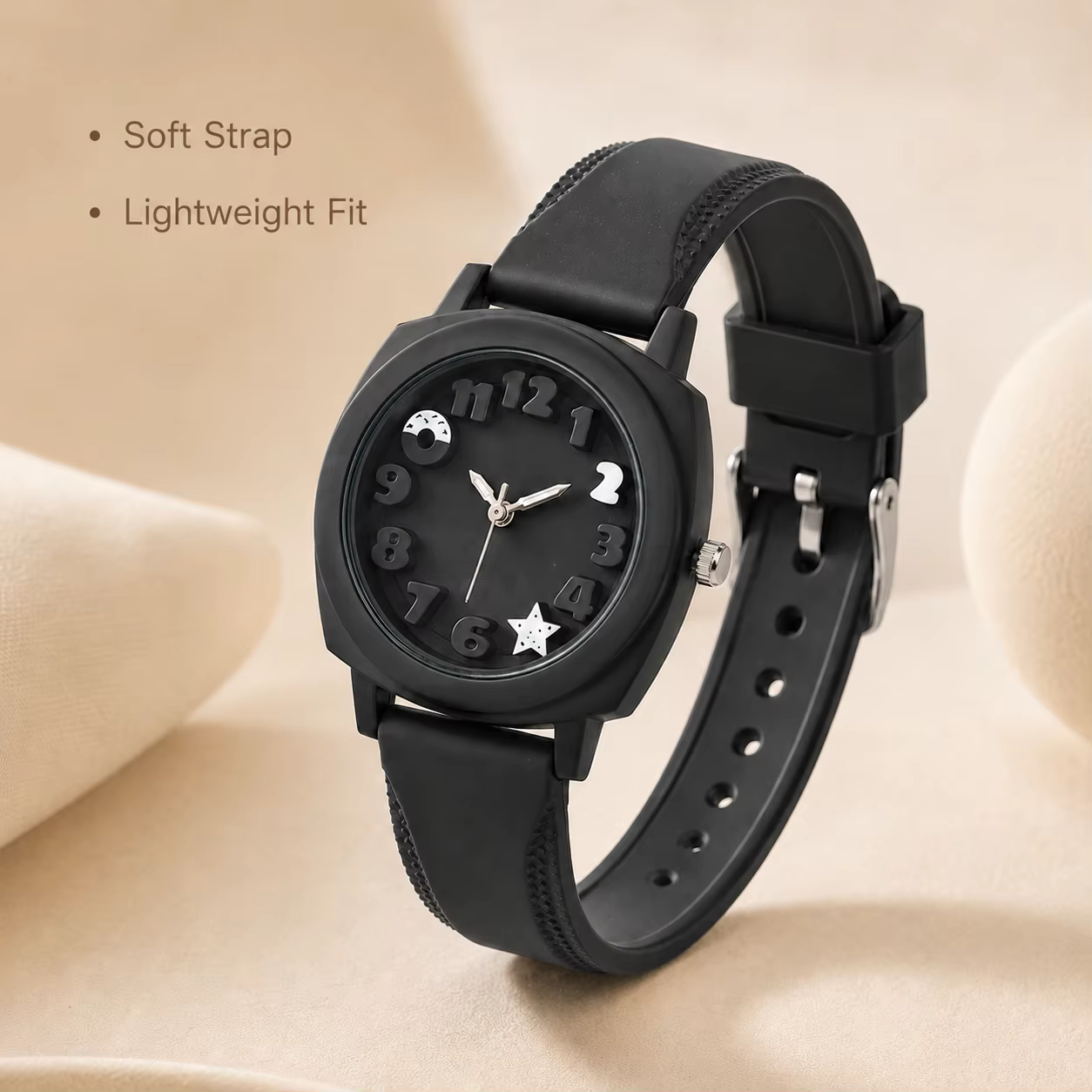 Montre analogique à cadran numérique 3D avec motif lune et étoiles
