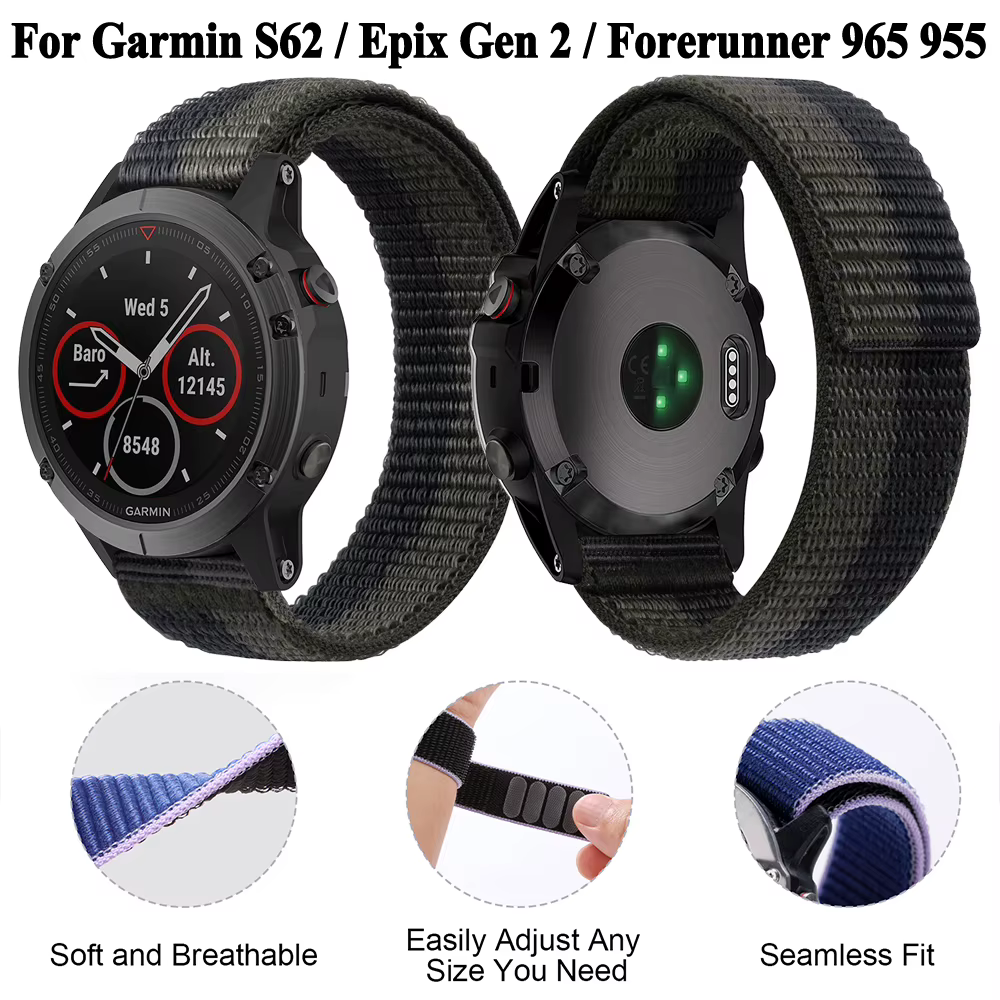 Bracelet en Nylon à boucle à crochet pour Garmin S62/Epix Gen 2/Forerunner 965 955 Solar 945 LTE 935