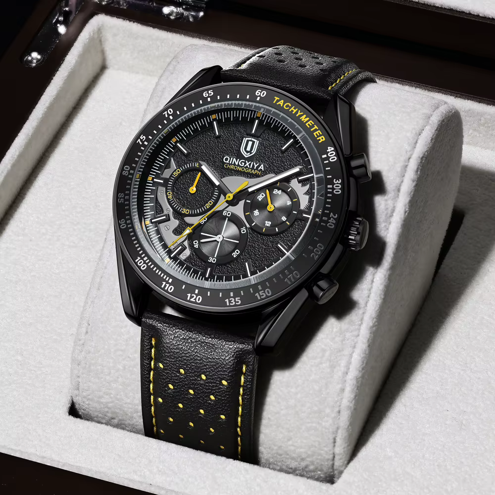 QINGXIYA haute qualité hommes Sport montre à Quartz haut de gamme de luxe chronographe horloge mâle en cuir militaire