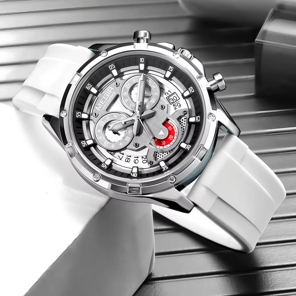 MEGIR montre à Quartz pour hommes avec bracelet en Silicone blanc aiguilles lumineuses mode Sport chronographe étanche montre-bracelet avec calendrier