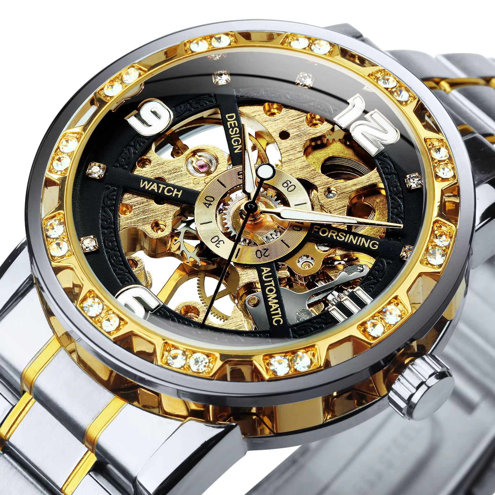 Forsining montres mécaniques de luxe aiguilles lumineuses montre squelette rétro en or pour hommes bracelet en acier