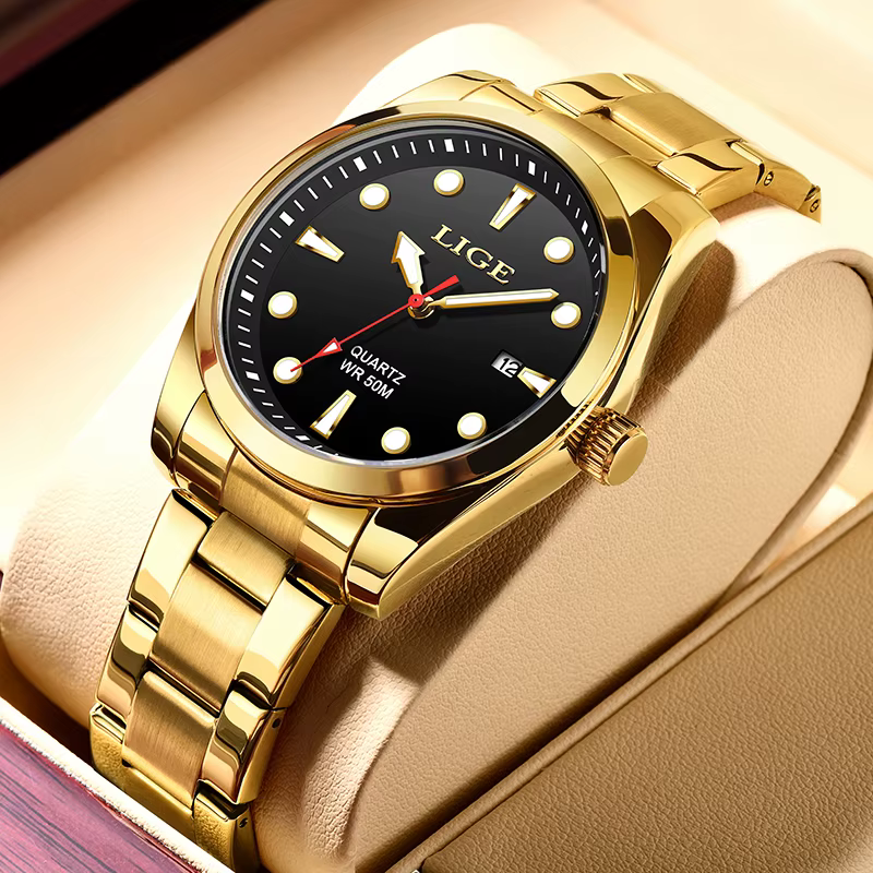 LIGE mode or femmes montres en acier inoxydable étanche montre à Quartz