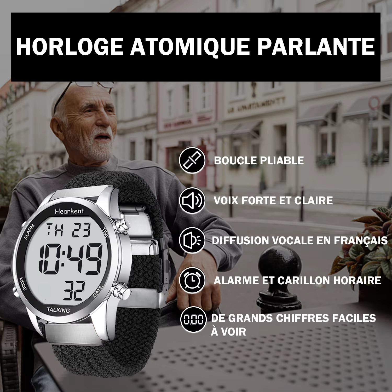 Montre parlante Hearkent en français pour personnes aveugles avec alarme
