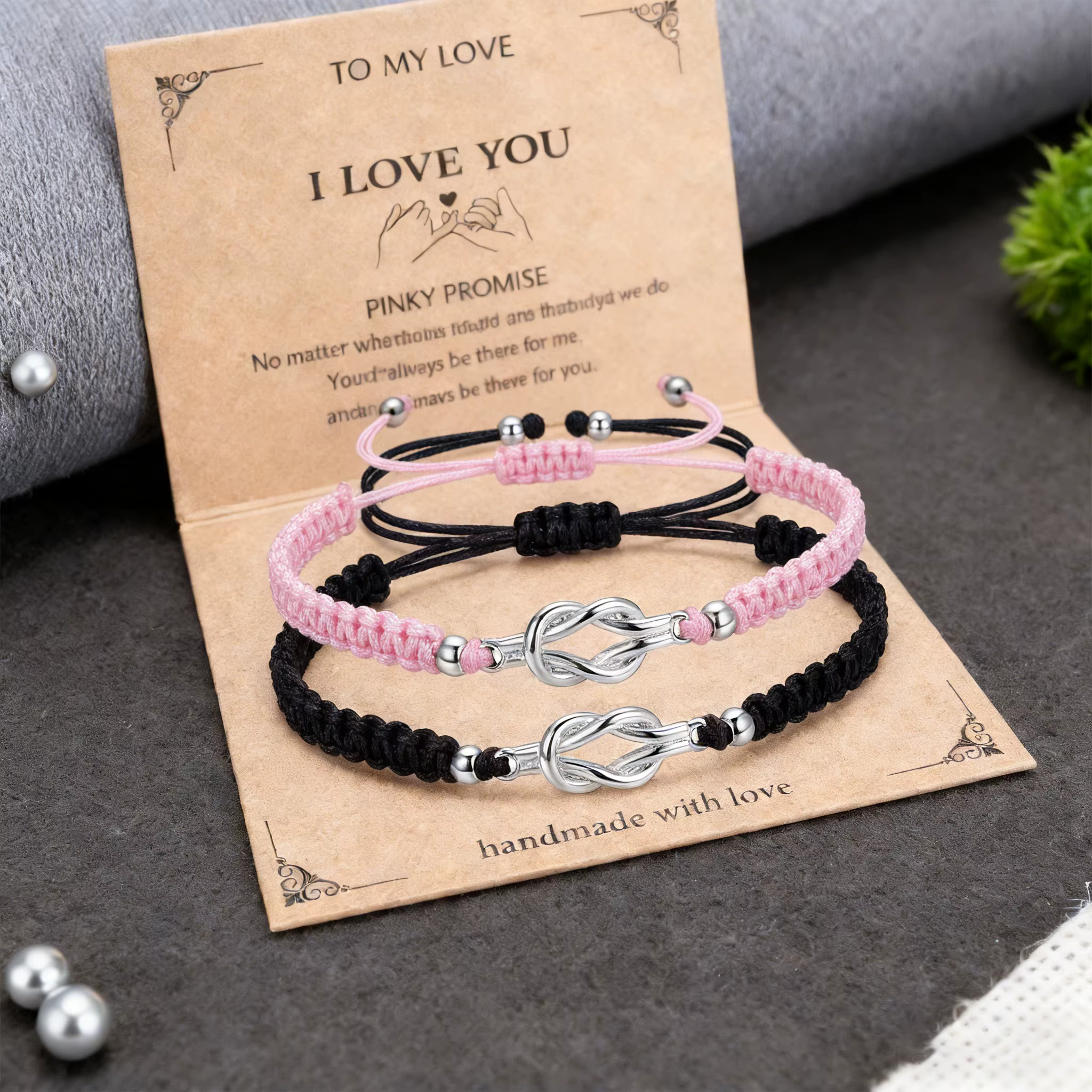 Ensemble de bracelets pour couple Infinity Knot pour femmes et hommes, noir et rose, bracelet en corde tressée réglable, bijoux tendance, cadeau d'amour