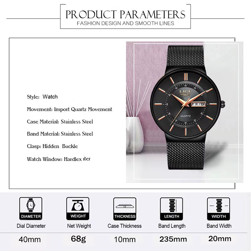 Montre Homme LIGE 2026 – Montre-Bracelet à Quartz Simple et Tendance pour Affaires